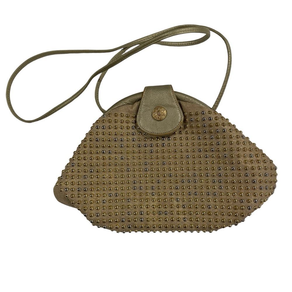 Funky 🤩 70’s studio 54 gold silver beaded baguette crossbody bag leather clam ✨